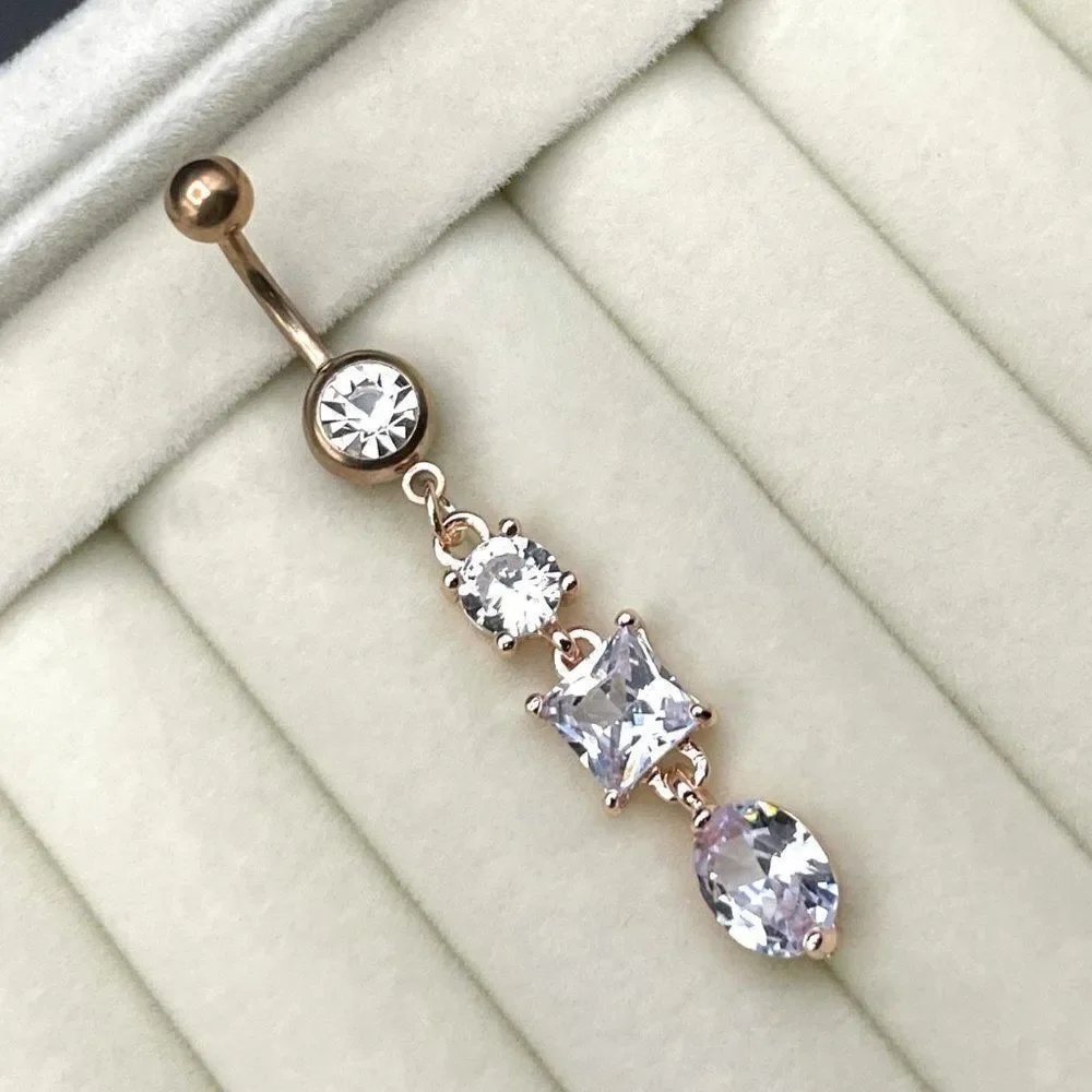 316L Stainless Steel with White Diamond Cubic Zirconia Dangling 14G Belly Ring